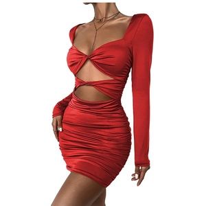 Long Sleeve Ruched Cut Out Mini Dress